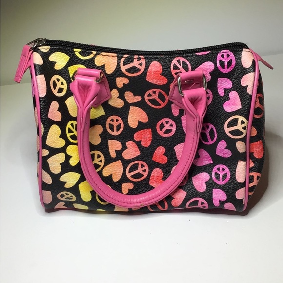 Women's Peace and Love Bitsy Satchel Bag, Black/Pink, size 8”x5”x6” - Picture 4 of 7